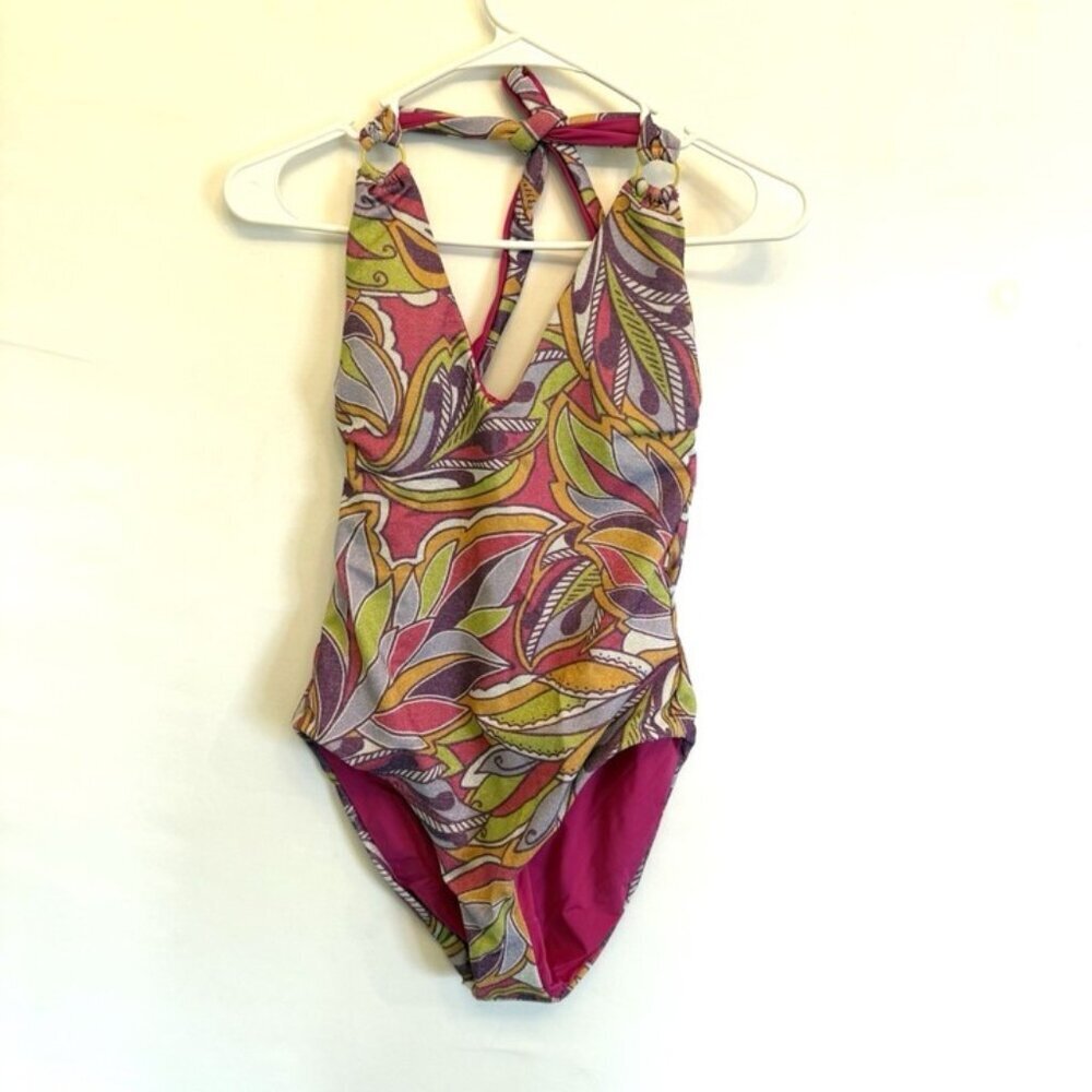 Becca Women’s Pink Multicolored Halter One Piece Swimsuit Size M